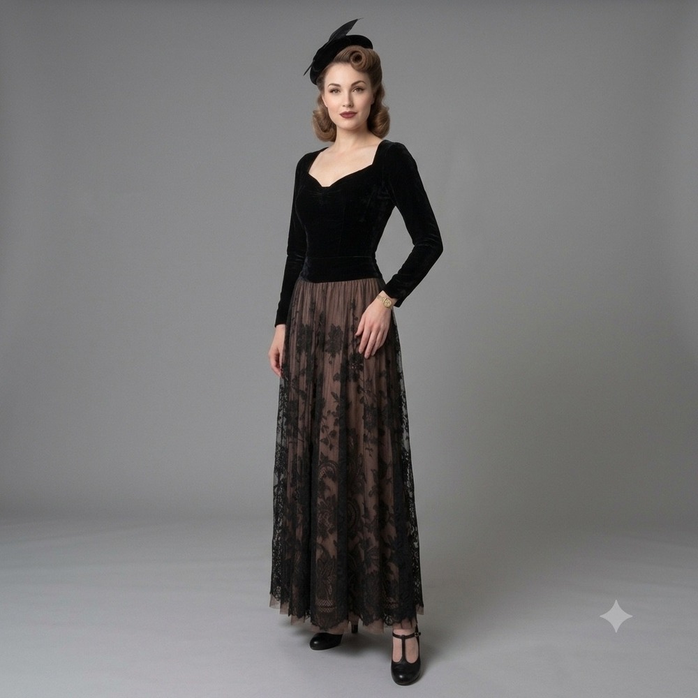 Vintage 1940s Dress Black Velvet Lace Embroidered Skirt Long Sleeve Gown 40s